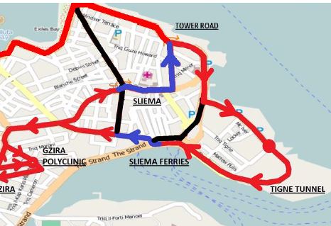 sliema malta routes diversion 22nd sunday date mt street